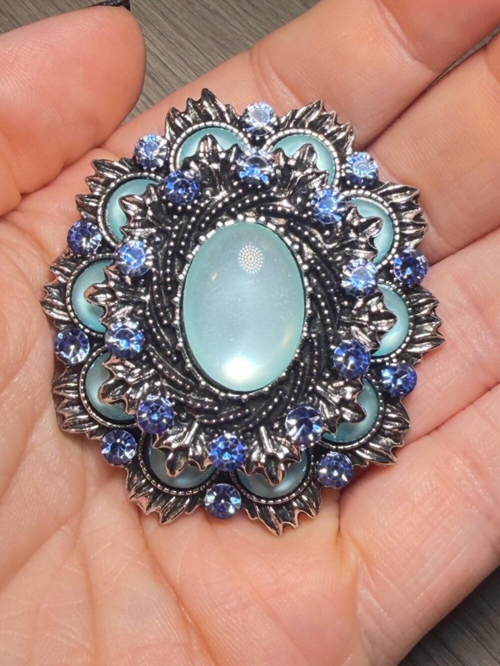Glass Cabochon Brooch Layered Vintage Blue Rhinestone Silver Tone Floral 2.15 In